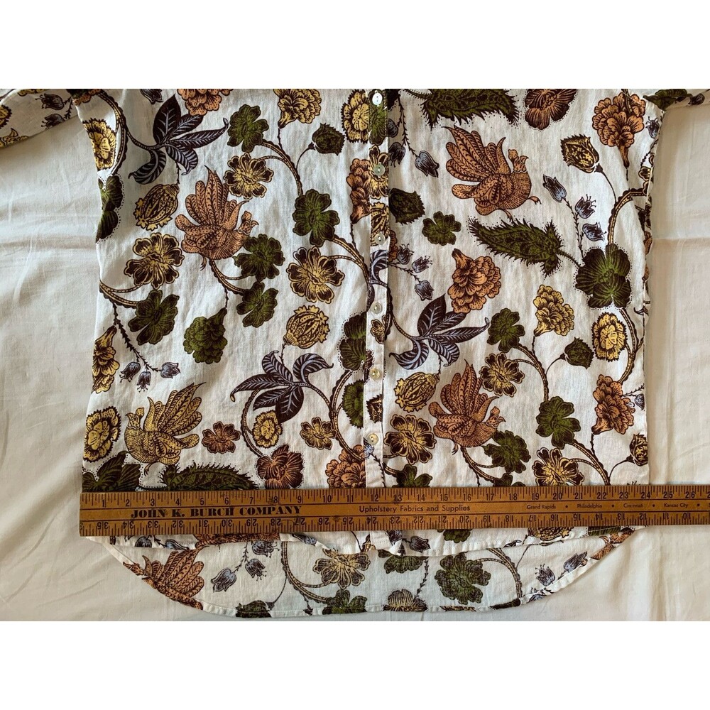Nicole Miller European Flax Linen Shirt XL Earthy Floral Bird Button-up Roll-tab - Picture 14 of 14